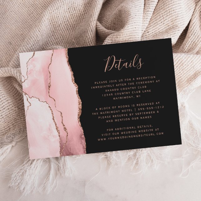 Tarjeta De Recepción Blush Pink Rose Gold Agate Dark Wedding Details (Subido por el creador)