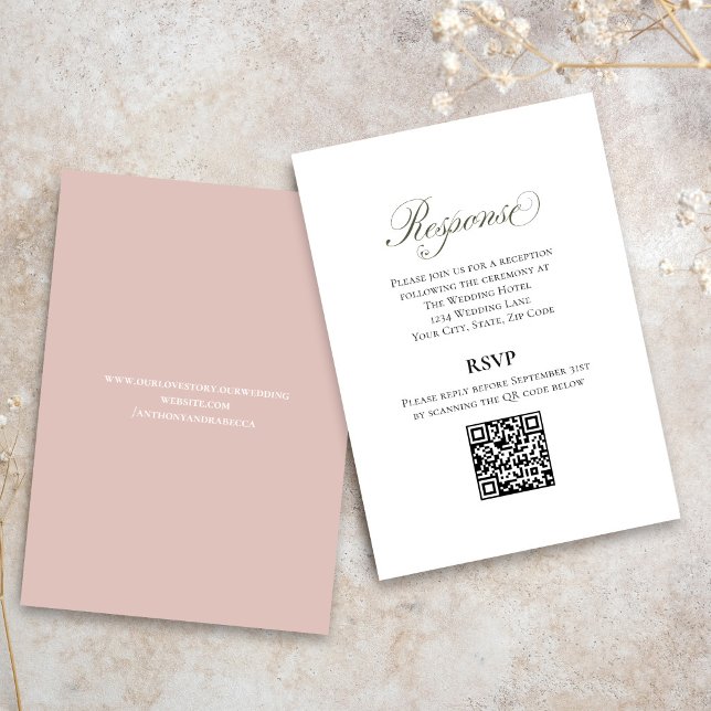 Tarjeta De Recepción Blush Pink Script Wedding RSVP QR Code Card (Elegant blush pink wedding RSVP card with QR code for easy online guest responses.)