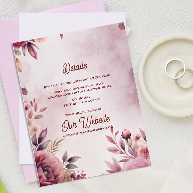 Tarjeta De Recepción Blush Romantic Pink Floral Wedding Details (Blush Pink Floral Wedding Details Card | Romantic Garden Wedding Enclosure)