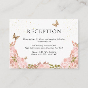 Tarjeta De Recepción Blush Rosa Floral Oro Mariposa Quinceanera