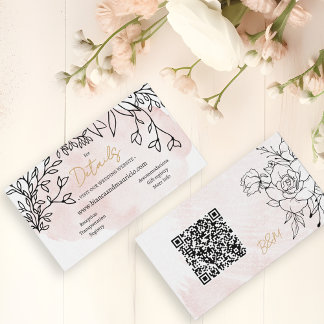 Tarjeta De Recepción Blush Watercolor & Black Floral Modern QR Wedding