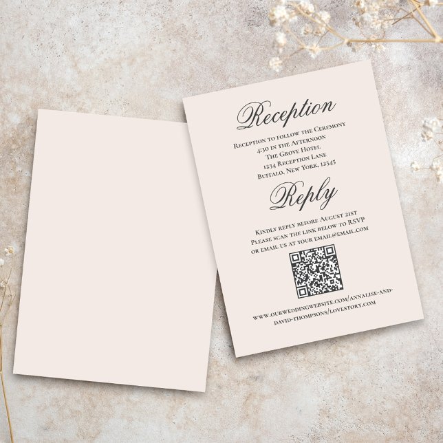 Tarjeta De Recepción Blush Wedding Script RSVP Reception  (Blush wedding reception and reply card with a scannable QR code.)