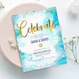 Tarjeta De Recepción B'nai Mitzvah color de agua turquesa dorado modern