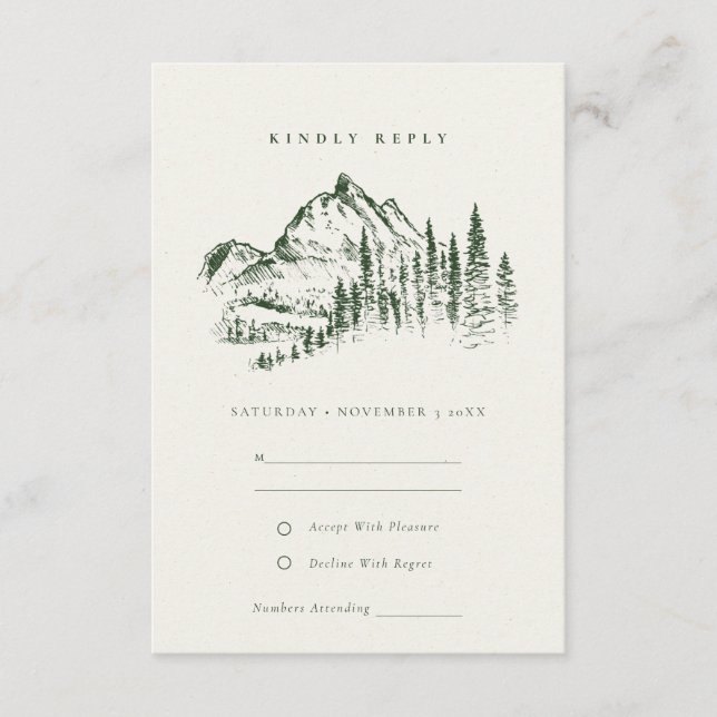 Tarjeta De Recepción Boceto de boceto de montaña Green Pine Woods RSVP (Anverso)
