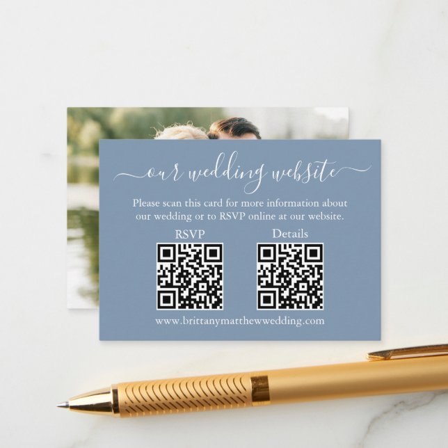 Tarjeta De Recepción Boda 2 QR RSVP Detalles Foto Dusty Blue (Anverso/Reverso In Situ)
