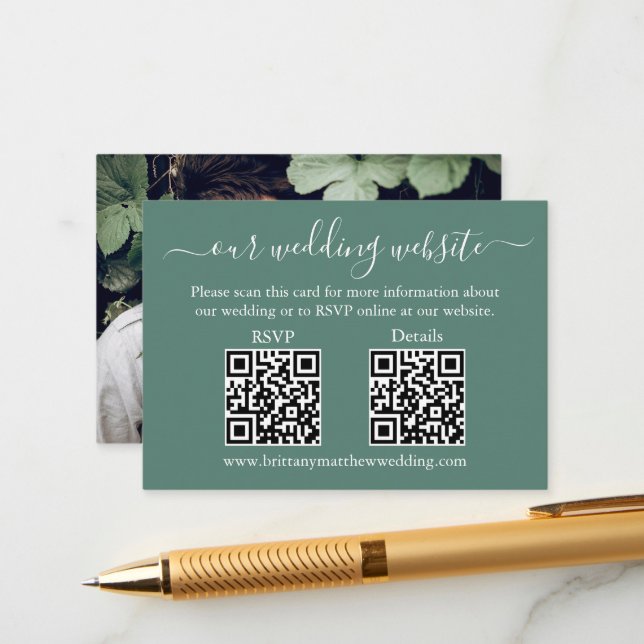 Tarjeta De Recepción Boda 2 QR RSVP Detalles Foto Eucalyptus Green (Anverso/Reverso In Situ)