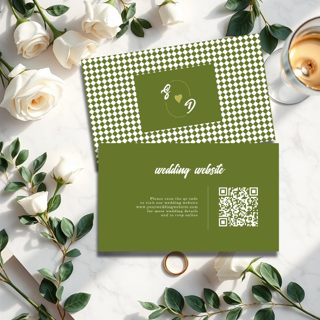 Tarjeta De Recepción Boda a cuadros con código QR verde oliva retro (Subido por el creador)