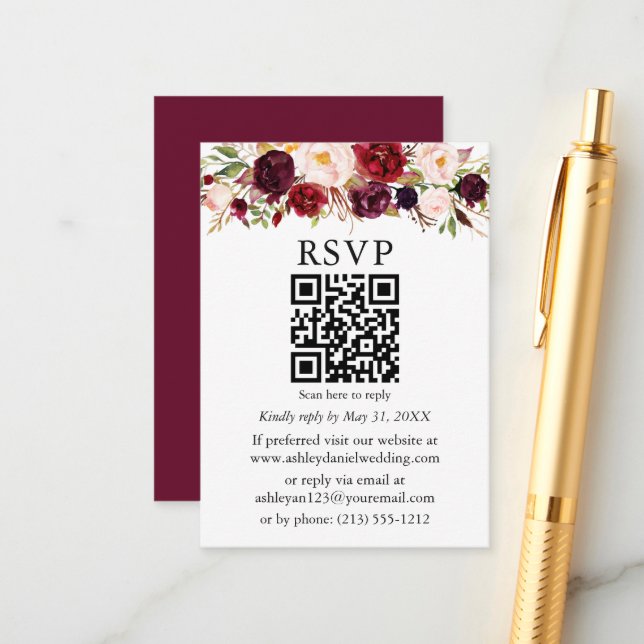 Tarjeta De Recepción Boda acuarela Borgoña Floral QR RSVP (Anverso/Reverso In Situ)