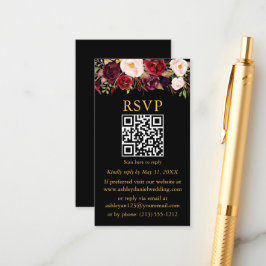 Tarjeta De Recepción Boda acuarela burgundy floral QR RSVP negro