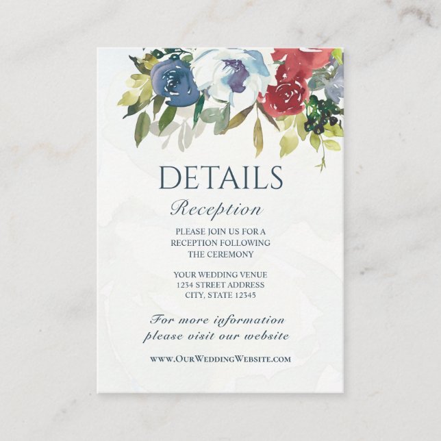 Tarjeta De Recepción Boda acuarela floral verde rojo blanco azul (Anverso)