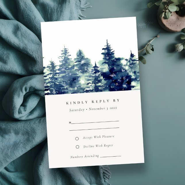 Tarjeta De Recepción Boda acuática de nieve de bosque de pino de invier (Subido por el creador)