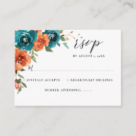 Tarjeta De Recepción Boda acuática floral Naranja de óxido verde azulad