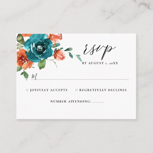 Tarjeta De Recepción Boda acuática floral Naranja quemada verde azulada (Anverso)