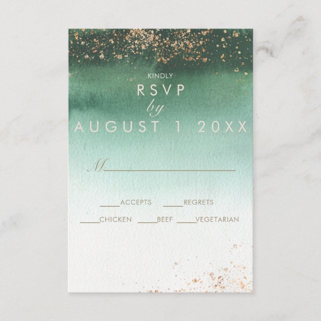Tarjeta De Recepción Boda acuática moderna verde y dorada RSVP (Anverso)