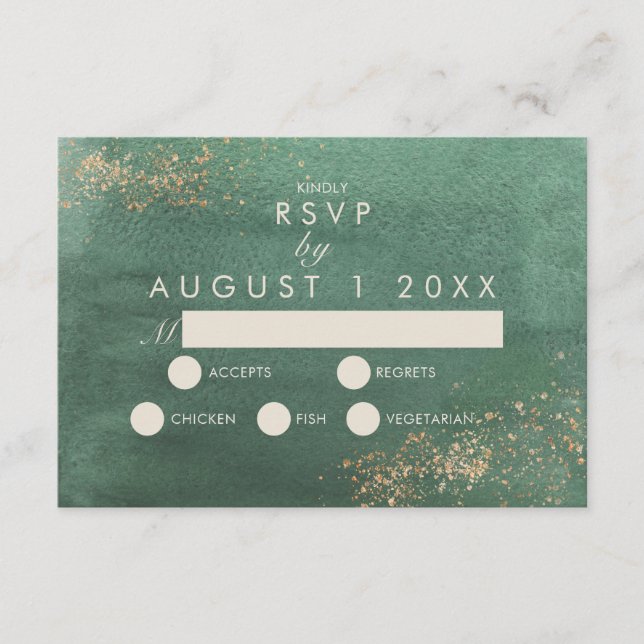 Tarjeta De Recepción Boda acuática moderna verde y dorada RSVP (Anverso)