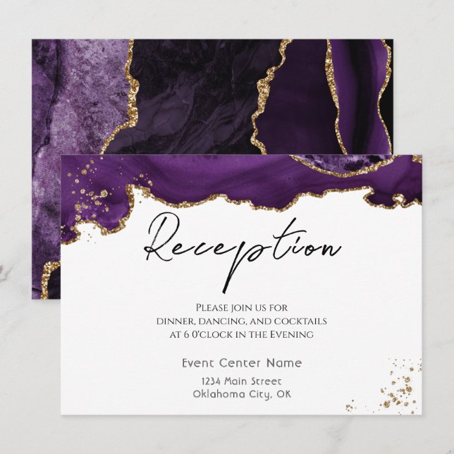Tarjeta De Recepción Boda Agate Stone Purpurina de oro morado (Anverso / Reverso)