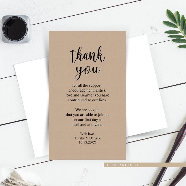 Tarjeta De Recepción Boda Agradecimiento, Marrón Kraft Rústico Moderno  (Wedding Thank you, Modern Rustic Brown Kraft Enclosure Card for your guests attended your big day.)