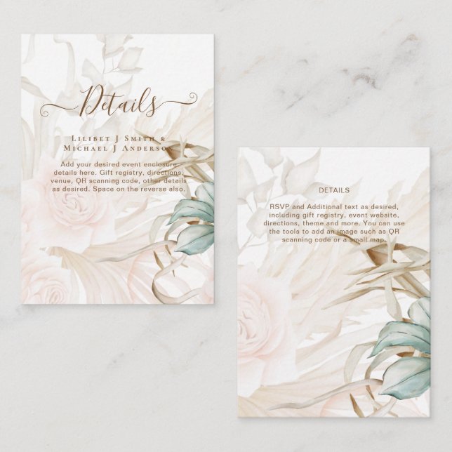 Tarjeta De Recepción Boda Airy BOHO Pampas Grass Light Peach (Anverso / Reverso)