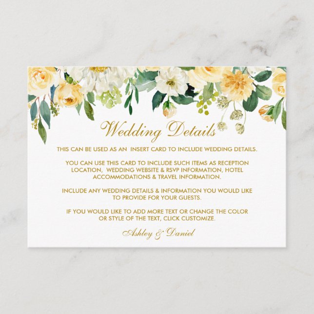 Tarjeta De Recepción Boda amarillo floral dorado detalles Insertar tarj (Anverso)