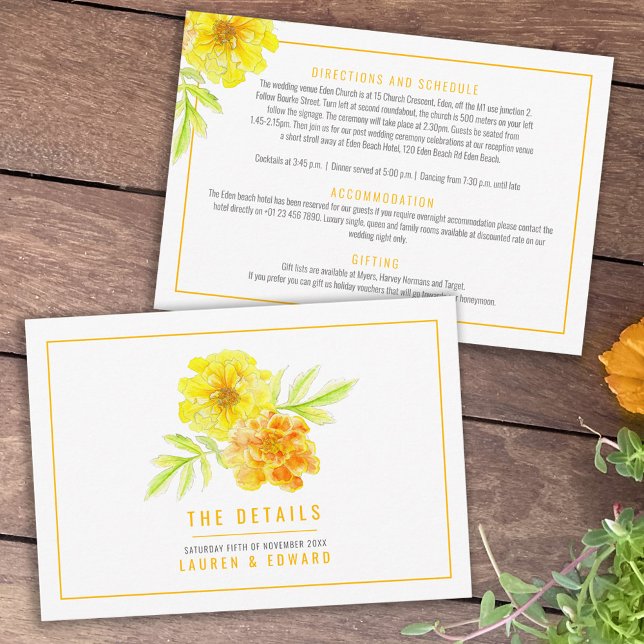 Tarjeta De Recepción Boda amarillo marigold acuarela los detalles (Subido por el creador)