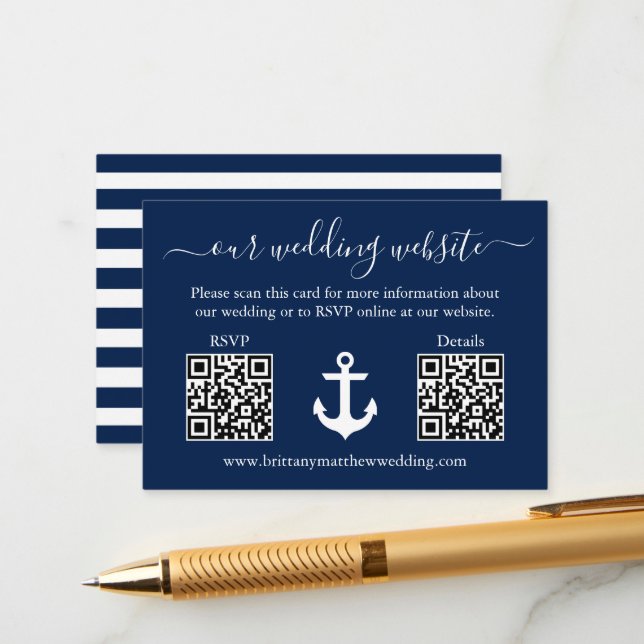 Tarjeta De Recepción Boda Ancla Azul 2 Detalles QR RSVP Tirados (Anverso/Reverso In Situ)