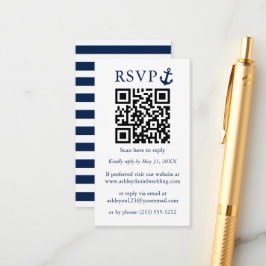 Tarjeta De Recepción Boda Ancla Azul Náutico QR RSVP Tirado