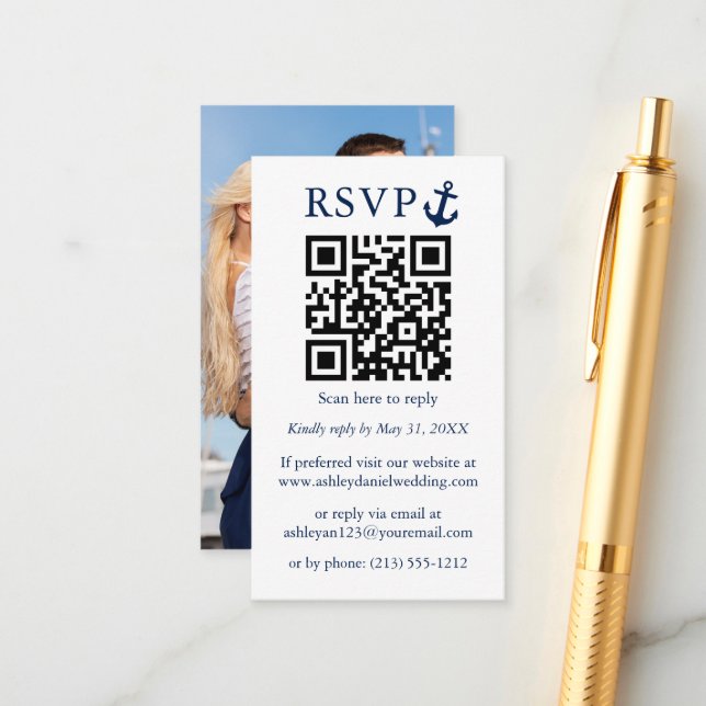 Tarjeta De Recepción Boda Anclaje Azul Náutico Foto QR RSVP (Anverso/Reverso In Situ)