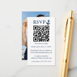 Tarjeta De Recepción Boda Anclaje Azul Náutico Foto QR RSVP