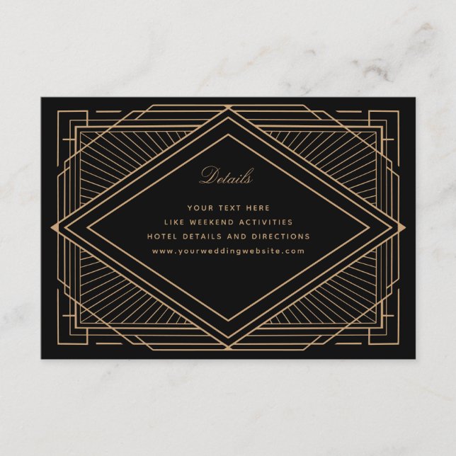 Tarjeta De Recepción Boda Art Deco de Diamante Negro y Oro (Anverso)