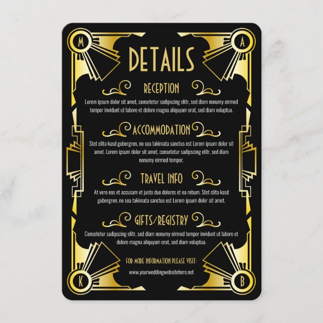 Tarjeta De Recepción Boda Art Deco Detalles Direcciones Mapa Oro Negro (Anverso)