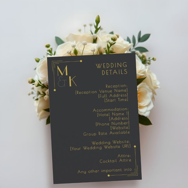 Tarjeta De Recepción Boda Art Deco Style 1920 Detalles del oro negro (Add your wedding details!)