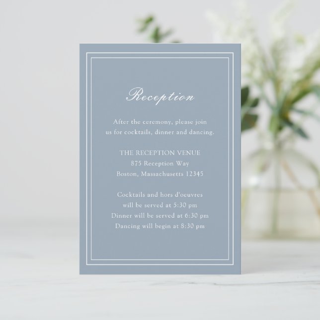 Tarjeta De Recepción Boda atemporal azul y turbio (Anverso de pie)