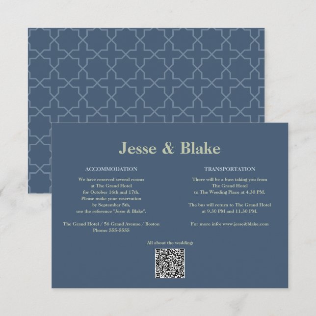 Tarjeta De Recepción Boda azul con patrón de laberinto (Anverso / Reverso)