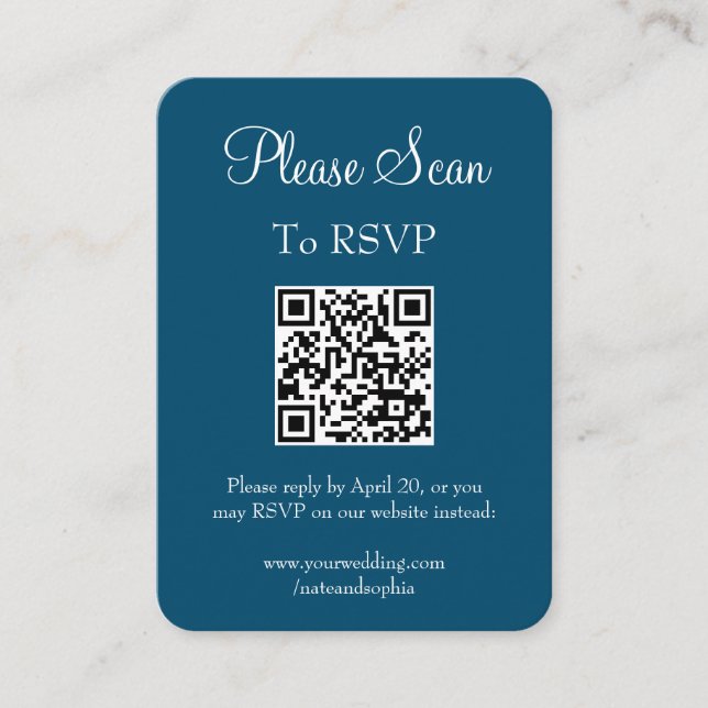 Tarjeta De Recepción Boda azul de la Marina Simple Moderno Escanear cód (Anverso)