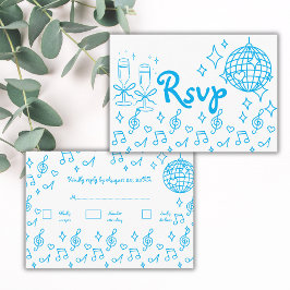 Tarjeta De Recepción Boda azul dibujada a mano caprichosa RSVP