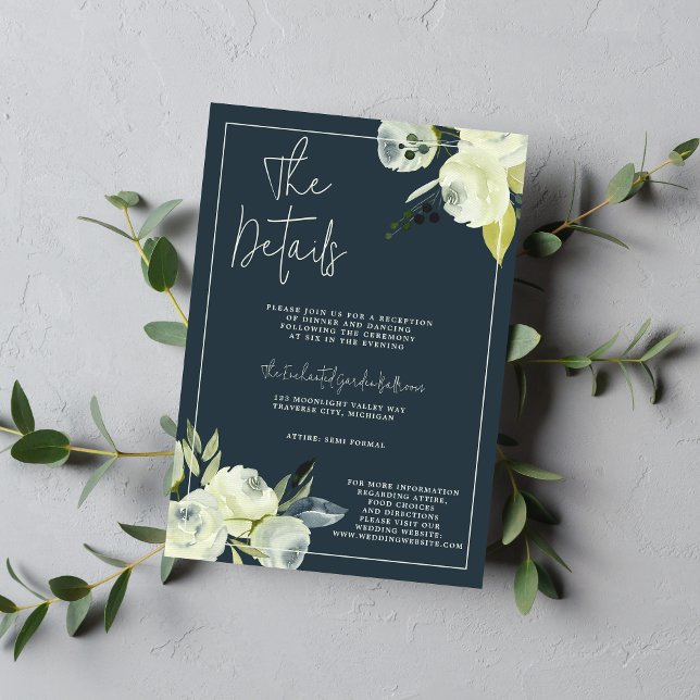 Tarjeta De Recepción Boda azul floral de medianoche encantado (Subido por el creador)
