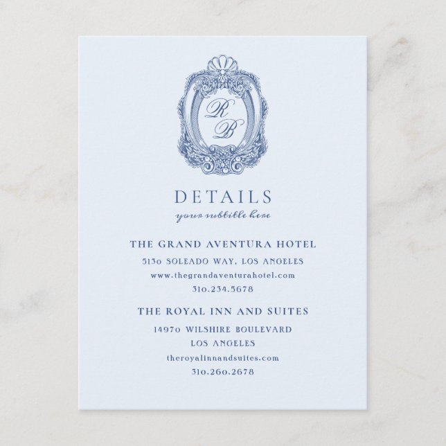 Tarjeta De Recepción Boda azul francés Escudo barroco (Anverso)