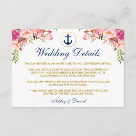Tarjeta De Recepción Boda azul náutico Detalles florales Insertar tarje