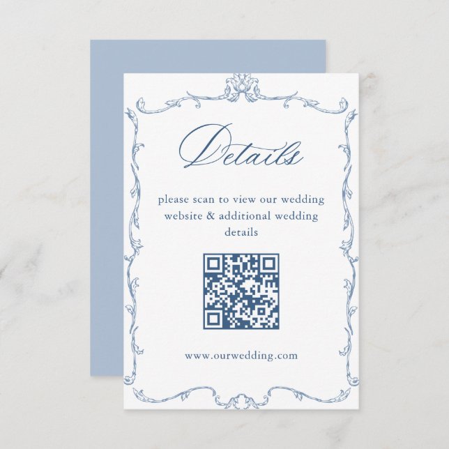 Tarjeta De Recepción Boda azul ornato victoriano Detalles código QR (Anverso / Reverso)