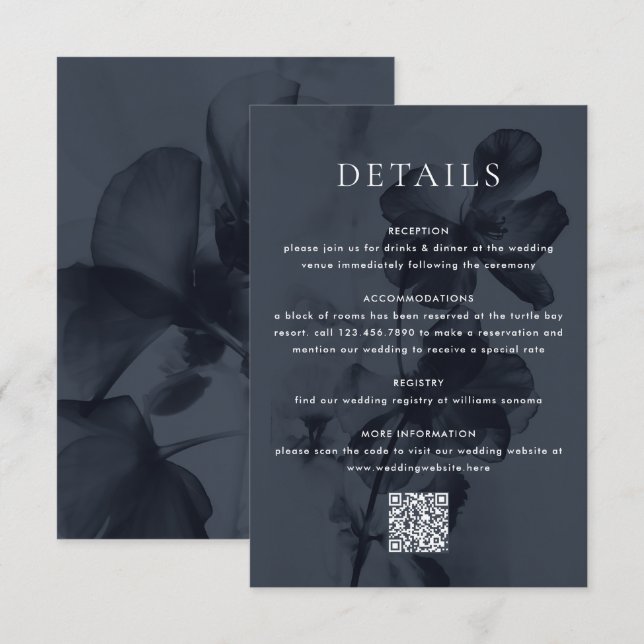 Tarjeta De Recepción Boda azul oscuro de sobreposición botánica Moody (Anverso / Reverso)