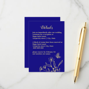 Tarjeta De Recepción Boda azul real de flor dorada romántica y elegante