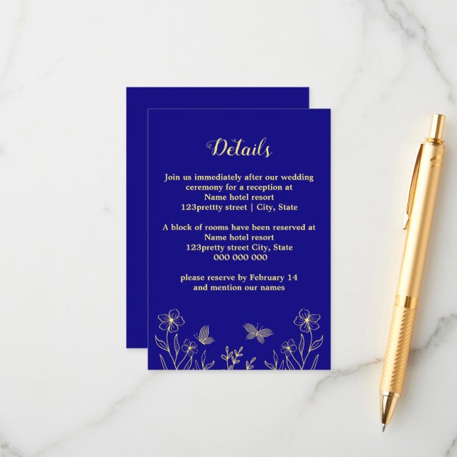 Tarjeta De Recepción Boda azul real de flor dorada romántica y elegante (Anverso/Reverso In Situ)