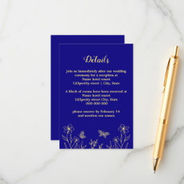 Tarjeta De Recepción Boda azul real de flor dorada romántica y elegante