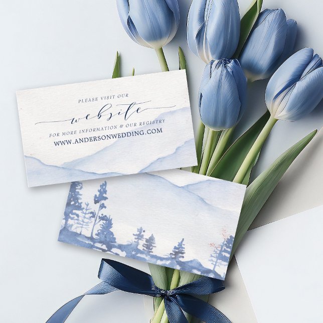 Tarjeta De Recepción Boda Azul Rústico de acuarela de montaña (Experience the unique blend of elegance and artistry with our Blue Mountain Watercolor website card)