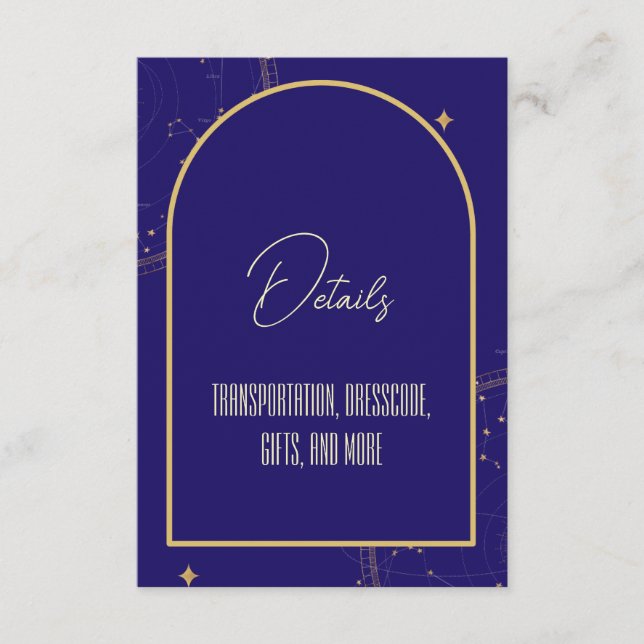 Tarjeta De Recepción Boda azul y oro de la Marina Celestial Nocturna Sk (Anverso)