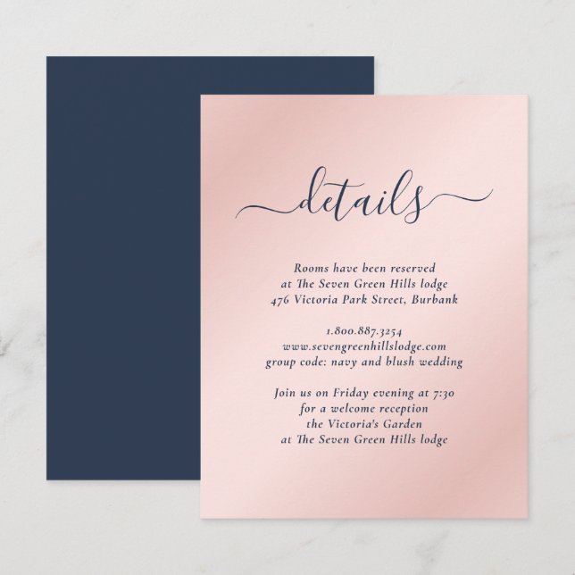 Tarjeta De Recepción Boda azul y Rubor de la Marina moderna (Anverso / Reverso)