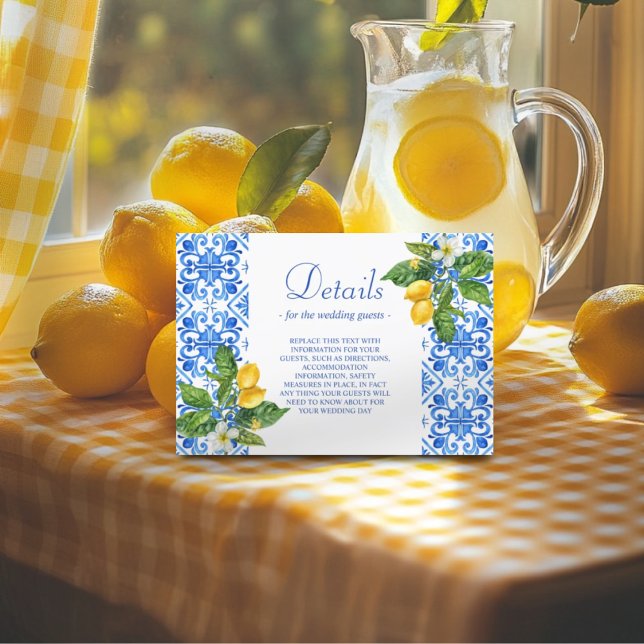 Tarjeta De Recepción boda azulejos azules mediterráneos y limones  (Subido por el creador)