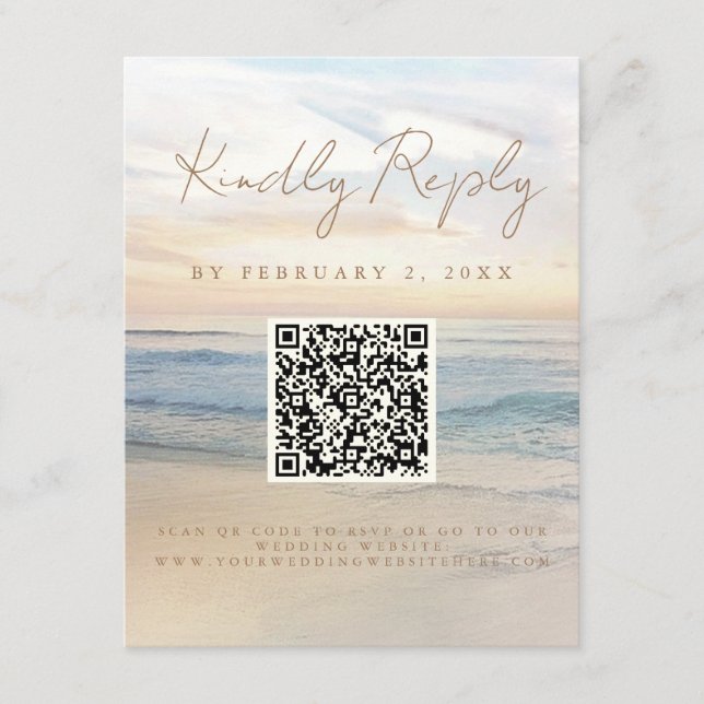 Tarjeta De Recepción Boda Beach Sunset Beach Beach Front Scan Code RSVP (Anverso)