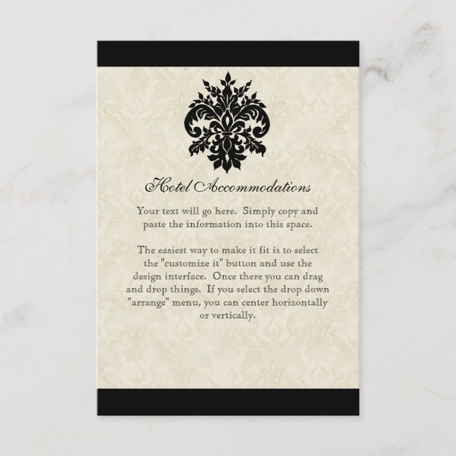 Tarjeta De Recepción Boda Black n Cream Fleur de Lis Damask (Anverso)