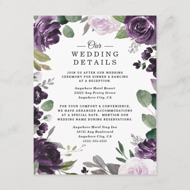 Tarjeta De Recepción Boda blanca floral elegante de púrpura y plata (Anverso)